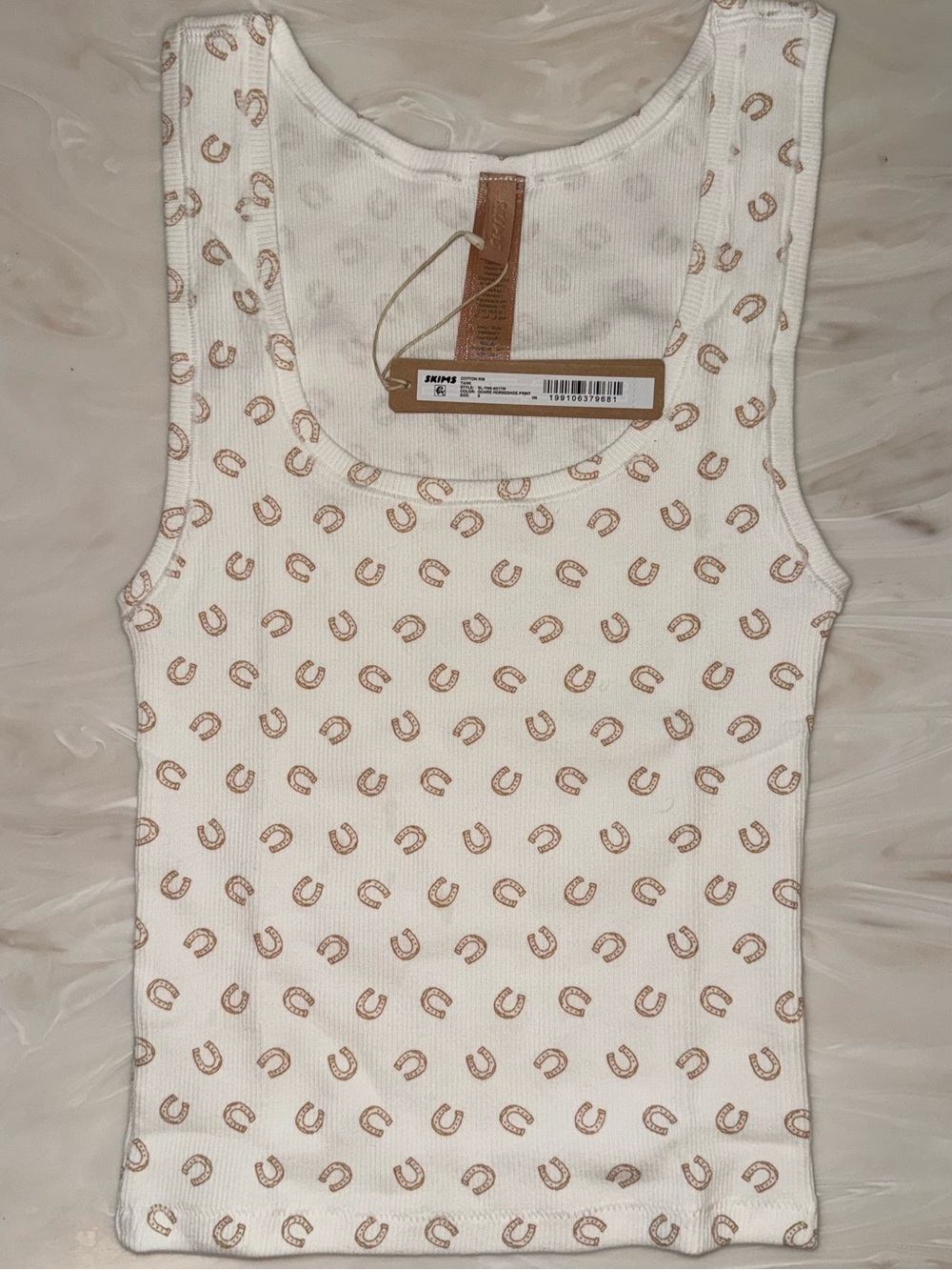 SKIMS White Ribbed Tank Top with Brown Horseshoe Print